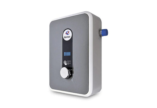 A compact wall-mounted electric water heater by Eumoax, featuring a gray front panel with a digital display, a white rotary dial, and a blue side connector, shown on a plain white background.