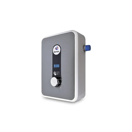 A compact wall-mounted electric water heater by Eumoax, featuring a gray front panel with a digital display, a white rotary dial, and a blue side connector, shown on a plain white background.