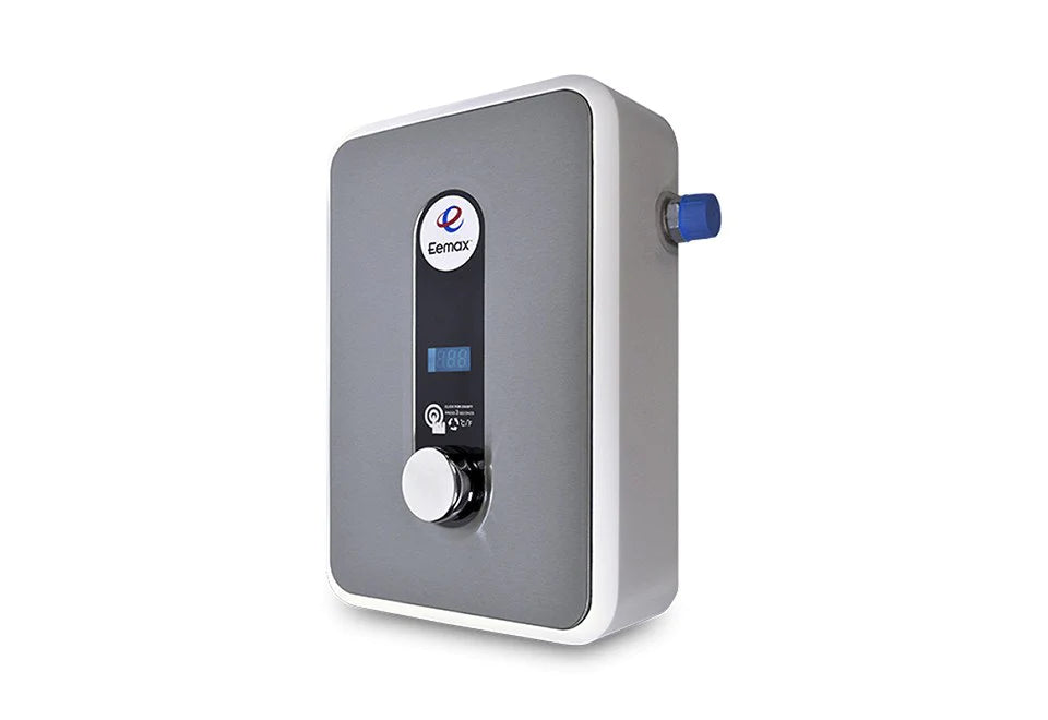 A compact wall-mounted electric water heater by Eumoax, featuring a gray front panel with a digital display, a white rotary dial, and a blue side connector, shown on a plain white background.