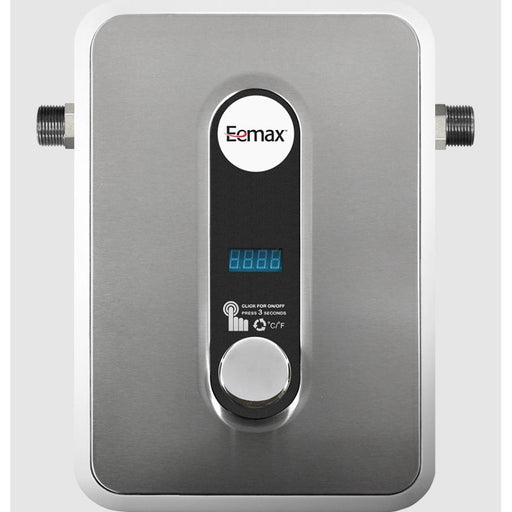 Eemax wall-mounted electric water heater with a brushed stainless steel front panel, black control display, blue LED digits, and a round silver button, shown against a light gray background.