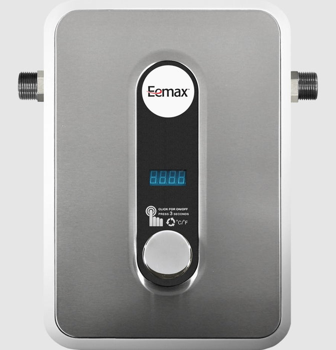 Eemax wall-mounted electric water heater with a brushed stainless steel front panel, black control display, blue LED digits, and a round silver button, shown against a light gray background.