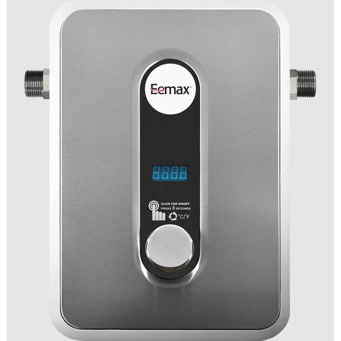 Eemax wall-mounted electric water heater with a brushed stainless steel front panel, black control display, blue LED digits, and a round silver button, shown against a light gray background.
