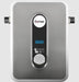 Eemax wall-mounted electric water heater with a brushed stainless steel front panel, black control display, blue LED digits, and a round silver button, shown against a light gray background.