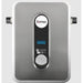 Eemax wall-mounted electric water heater with a brushed stainless steel front panel, black control display, blue LED digits, and a round silver button, shown against a light gray background.