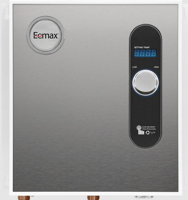 Eemax stainless steel water heater with a brushed metal finish, featuring a circular control dial on the left and a vertical black control panel with a blue digital display on the right.