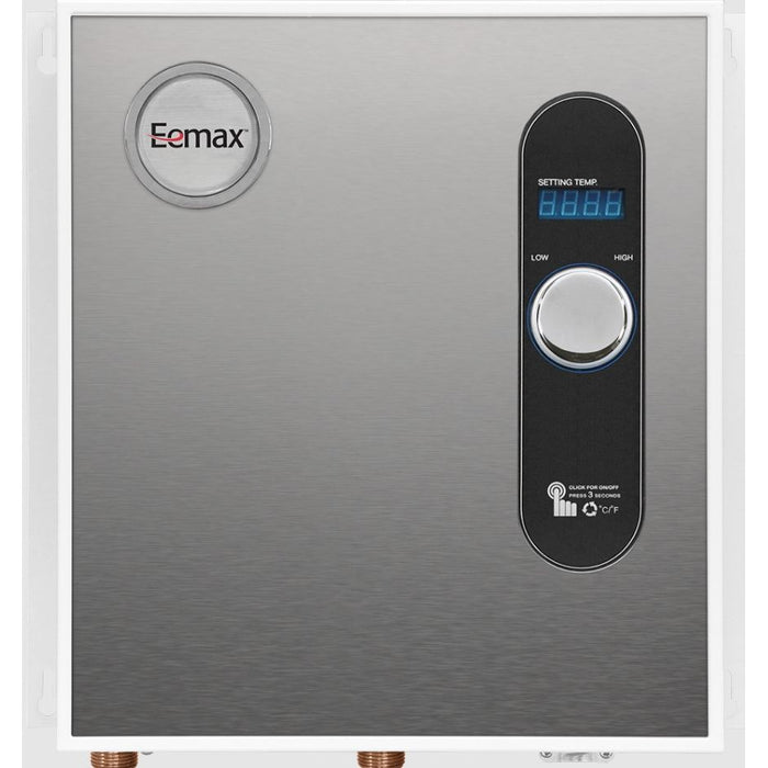 Eemax stainless steel water heater with a brushed metal finish, featuring a circular control dial on the left and a vertical black control panel with a blue digital display on the right.