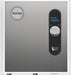 Eemax stainless steel water heater with a brushed metal finish, featuring a circular control dial on the left and a vertical black control panel with a blue digital display on the right.