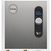 Eemax stainless steel water heater with a brushed metal finish, featuring a circular control dial on the left and a vertical black control panel with a blue digital display on the right.