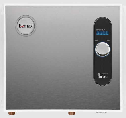 An Eemax water heater with a brushed stainless steel front panel, featuring a circular Eemax logo on the upper left and a vertical black control panel with a digital display and rotary dial on the upper right.