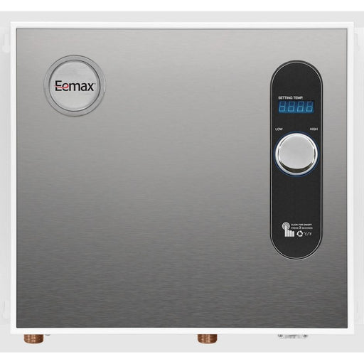 An Eemax water heater with a brushed stainless steel front panel, featuring a circular Eemax logo on the upper left and a vertical black control panel with a digital display and rotary dial on the upper right.