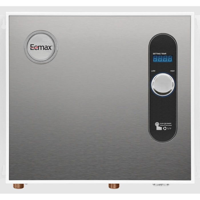An Eemax water heater with a brushed stainless steel front panel, featuring a circular Eemax logo on the upper left and a vertical black control panel with a digital display and rotary dial on the upper right.