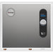 An Eemax water heater with a brushed stainless steel front panel, featuring a circular Eemax logo on the upper left and a vertical black control panel with a digital display and rotary dial on the upper right.