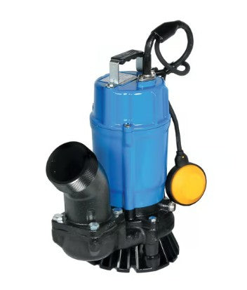 Blue submersible pump with black and yellow components on a white background
