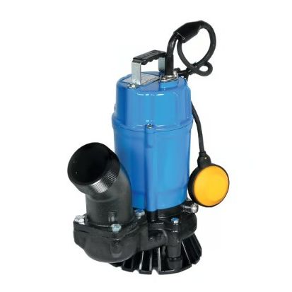 Blue submersible pump with black and yellow components on a white background