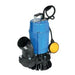 Blue submersible pump with black and yellow components on a white background