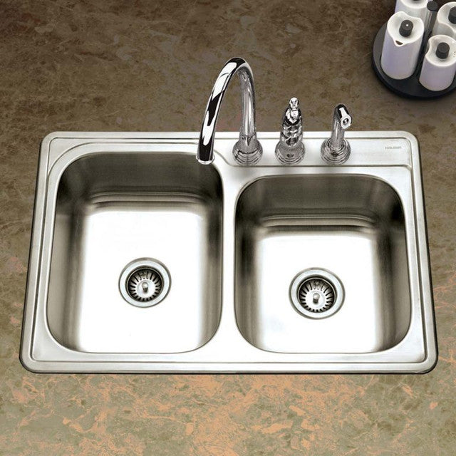 Houzer Glowtone Series 33" Stainless Steel Drop-in Topmount 60/40 Double Bowl Steel Kitchen Sink