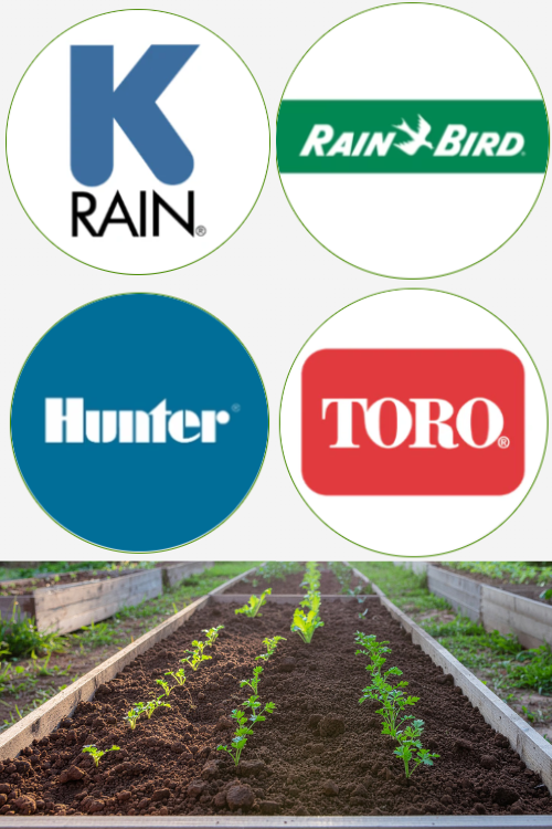 Logos of K-Rain, Rain Bird, Hunter, and Toro with a garden in the background