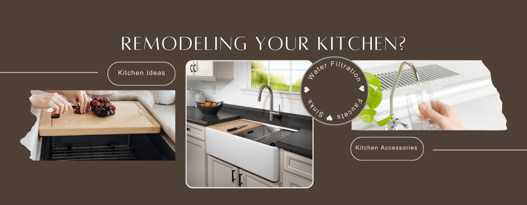 Promotional banner for kitchen remodeling with images of a kitchen setup and water filter.