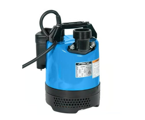 Blue and black submersible pump on a white background