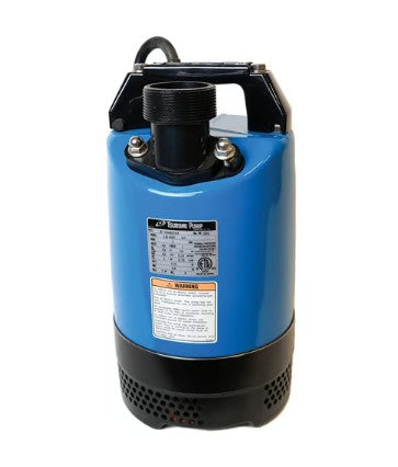 Blue and black submersible pump on a white background