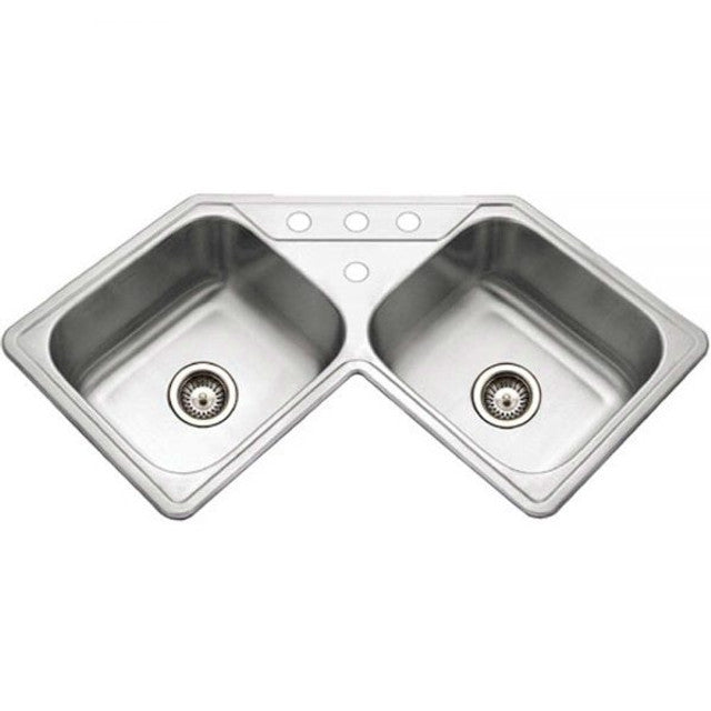 Houzer Legend Series 32" Stainless Steel Drop-in Topmount 4-hole 50/50 Double Bowl Corner Kitchen