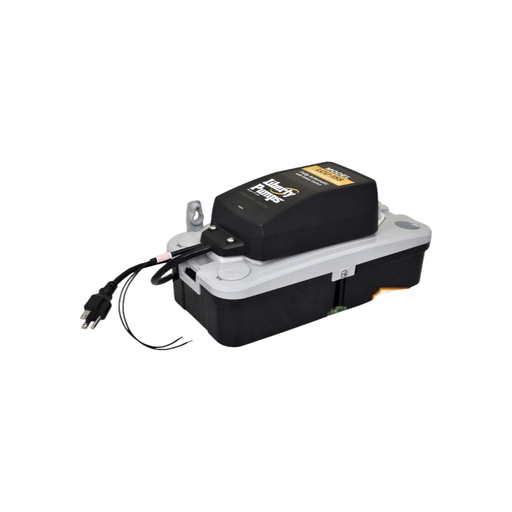 A black and gray Liberty Pumps  LCU220ST condensate pump with a safety switch and 20' tubing kit.