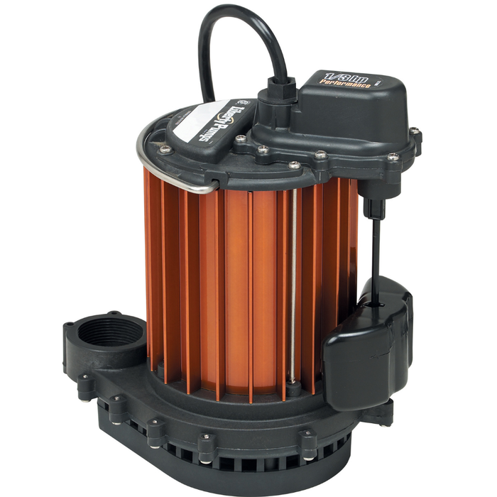 Submersible pump with orange interior and black exterior on a white background