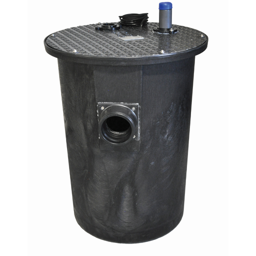 Black cylindrical tank with various ports on a white background