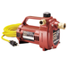 Red portable transfer pump with yellow hose on a white background