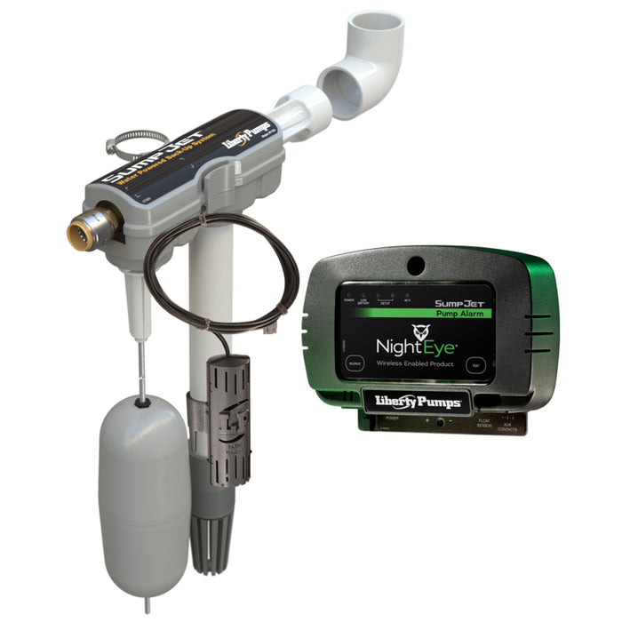 Liberty Pumps SumoJet Pump Alarm kit featuring a gray and black alarm unit with a white pipe assembly, a gray float chamber, and a green and black NightEye wireless control receiver on a white background.