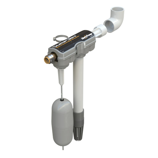 A floating water level sensor and pump assembly, featuring a gray float, a white vertical tube with a gray nozzle, a white elbow pipe connector, and a black control box with gold and white text, isolated on a white background.