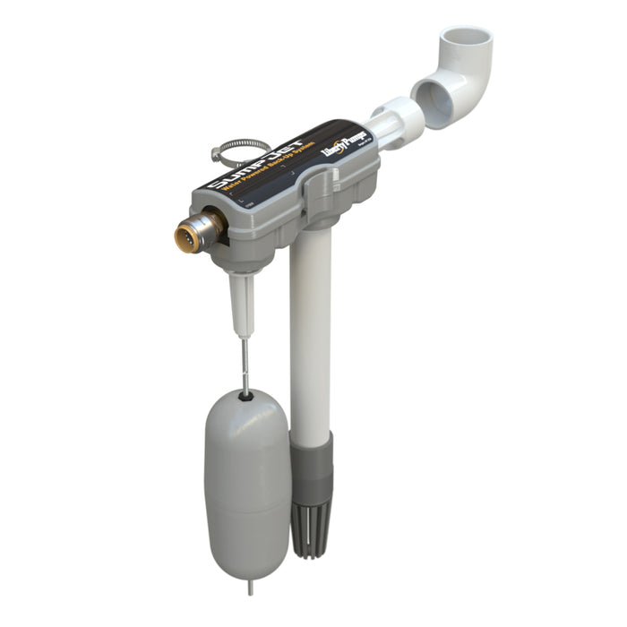 A floating water level sensor and pump assembly, featuring a gray float, a white vertical tube with a gray nozzle, a white elbow pipe connector, and a black control box with gold and white text, isolated on a white background.