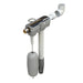 A floating water level sensor and pump assembly, featuring a gray float, a white vertical tube with a gray nozzle, a white elbow pipe connector, and a black control box with gold and white text, isolated on a white background.