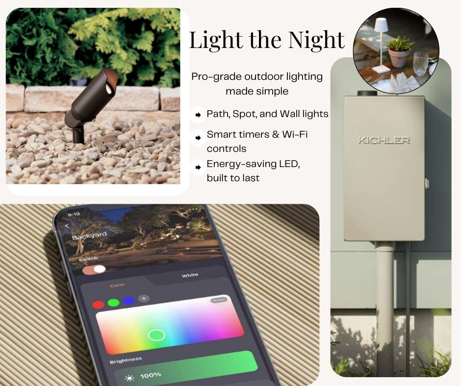 Kichler outdoor lighting system with smartphone app control, path light, and wall light.