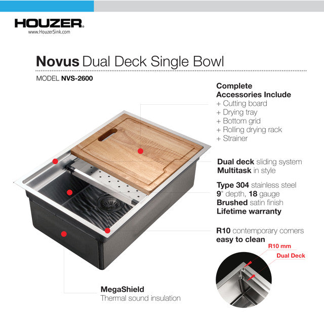 Houzer Novus Series 26" Stainless Steel Undermount Dual Level Workstation Kitchen Sink with Accessories