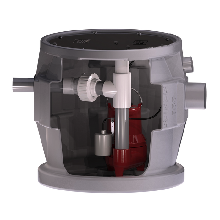 Pump with gray casing, red inner mechanism, and white valve on a white background