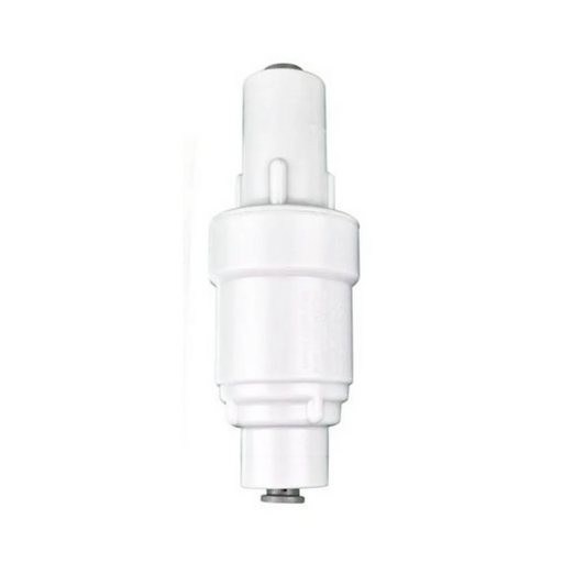 White cylindrical object with two metal connectors on a white background