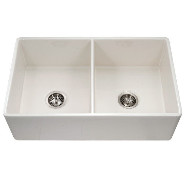 Houzer Platus Series 33" Fireclay Dual Mount Undermount/Apron-Front Farmhouse Double Bowl Kitchen