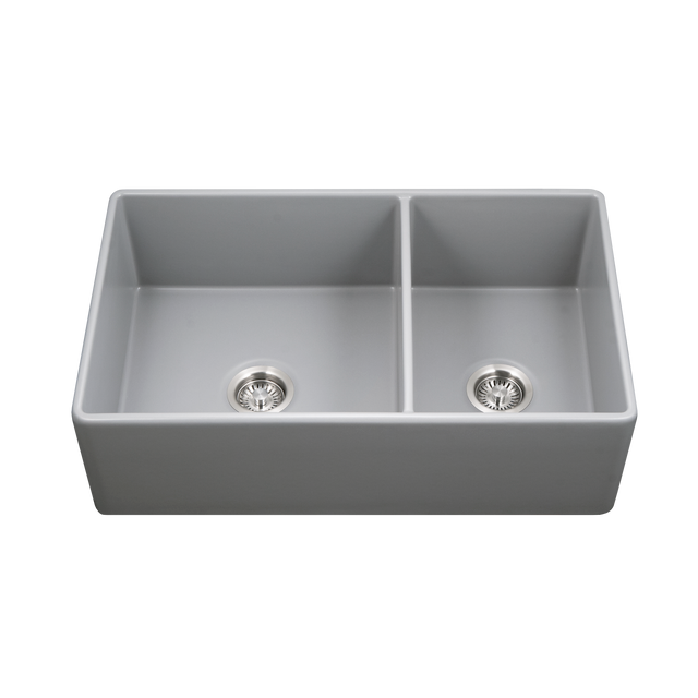 Houzer Platus Series 33" Fireclay Dual Mount Undermount/Apron-Front 60/40 Double Bowl Sink, Small