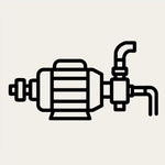Black and white icon of a mechanical pump with a valve on a beige background