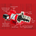 Technical diagram of a pump with labeled parts on a red background