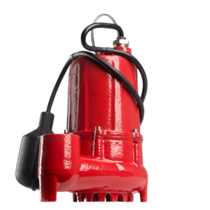 Red submersible pump with black wiring on a white background