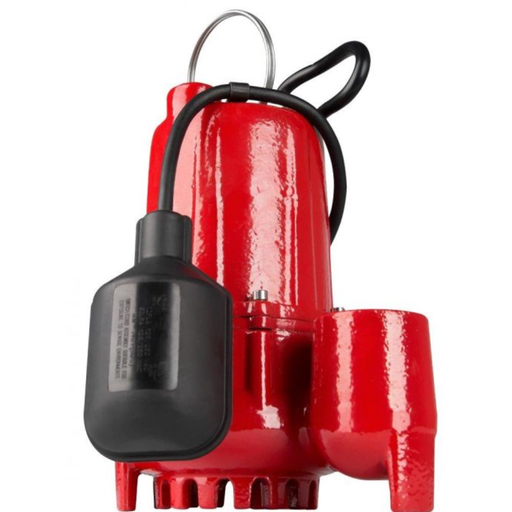 Red submersible pump with black handle on a white background