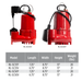 Two red submersible pumps with technical specifications displayed below on a white background.