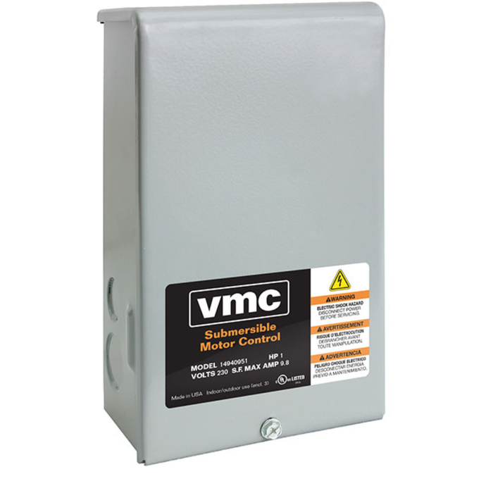 Gray submersible motor control box with VMC branding on a white background