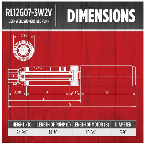Technical drawing of a deep well submersible pump with dimensions on a red background