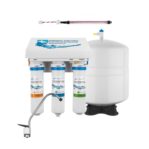 Water filtration system with three cylindrical filters, UV Light, and a faucet on a white background