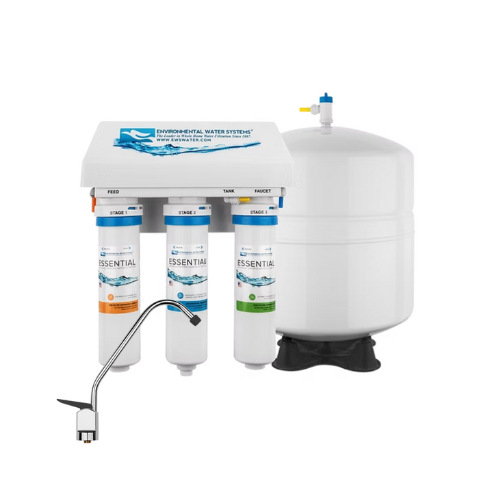 Water filtration system with three cylindrical filters and a faucet on a white background