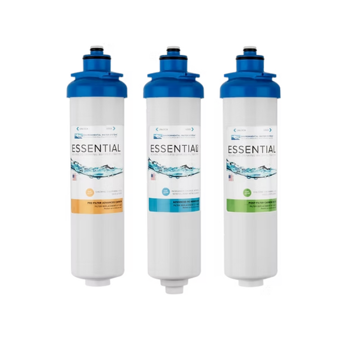 Three 'Essential' brand water filter cartridges on a white background