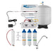 Water filtration system with various components on a white background
